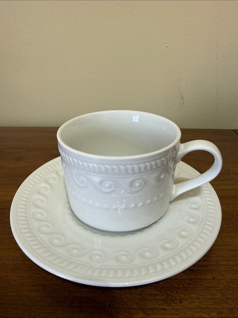 Sango Cachet White Embossed Ceramic Cup & Saucer